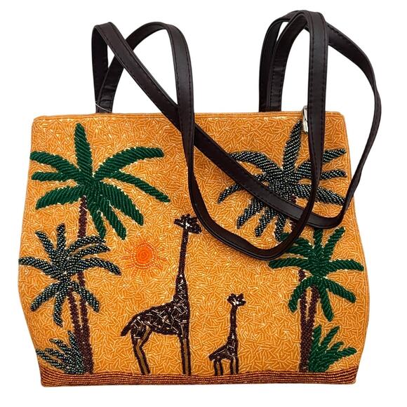 Chico's Izmir Fully Beaded Safari Desert Giraffe Shoulder Tote Bag NWT - Picture 1 of 10